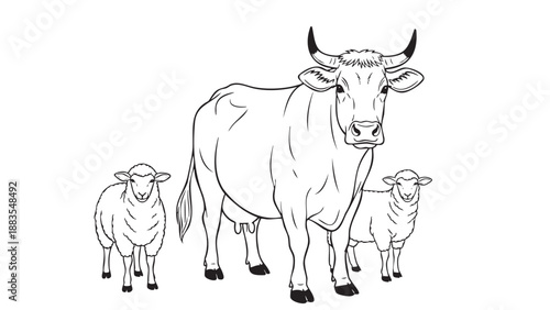 Hand drawn illustration of cow with two sheep in farm setting