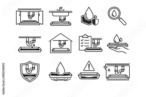 Plumbing icon pipes home icons damage prevention clean minimalist cabinet sink vector