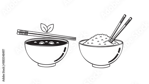 Hand drawn illustration of rice and chopsticks in bowls isolated