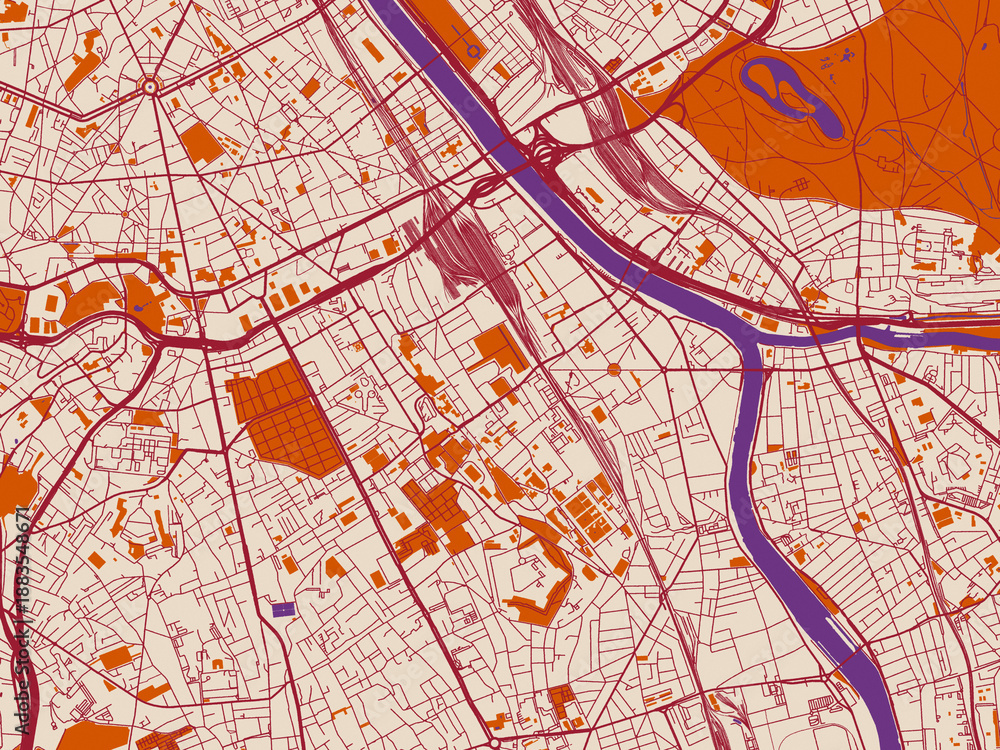 Naklejka premium City map of Ivry-sur-Seine, France – muted violet water and terracotta
