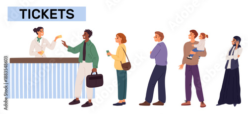 People standing in line. Men and women at queue to cashier. Public transport ticket office pay counter. Customers buying passes for movie or theater. Waiting for payment. Vector concept