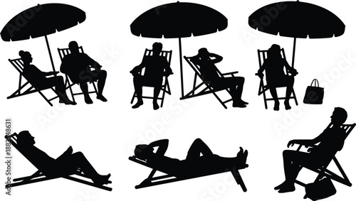 People relaxing on beach chair silhouettes collection with umbrellas sunbathing lounging outdoor summer vacation leisure black vector illustration isolated design set