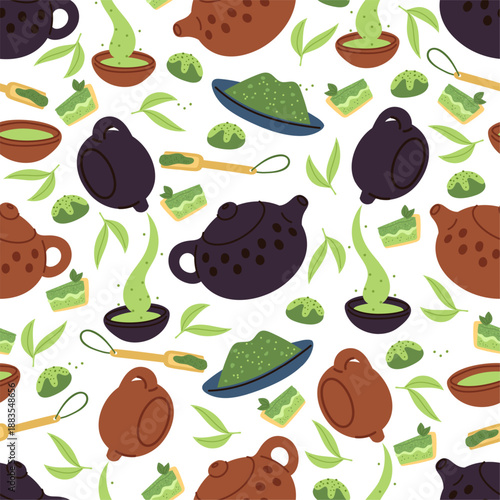 Matcha green tea seamless pattern. Hot Asian drinks and products. Biscuit cake. Beverage pouring from ceramic teapot. Cup and spoon. Repeated print. Powder and leaves. Vector background