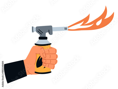 Mans hand holds gas cylinder for fire burning. Arm burner. Camping flame. Blaze flow from nozzle. Household torch. Portable blowtorch. Propane butane tank. Flammable stream. Vector concept
