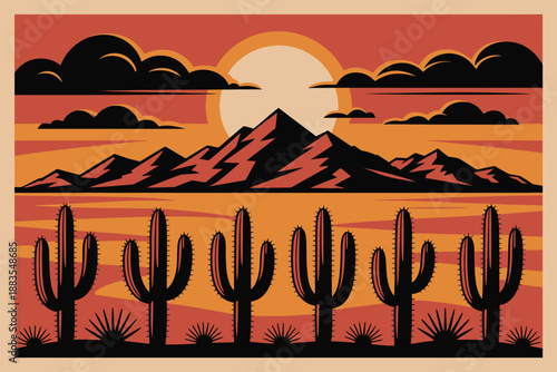 Stylized Desert Scene Cactus Silhouettes Against a Mountain Sunset Backdrop