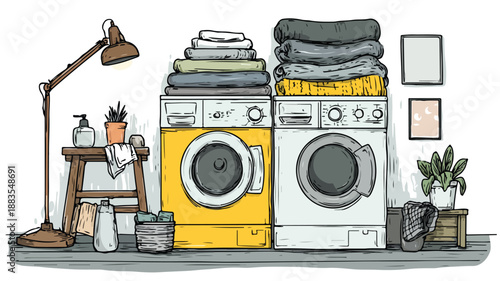 Modern Laundry Room Design Vector Art and Illustration with Outline Elements