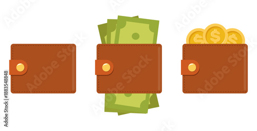 Leather wallet with green paper money and gold coins with dollar signs. Cash banknotes in pocket. Banking payment. Empty or full purse. Financial prosperity. Vector savings pouches set
