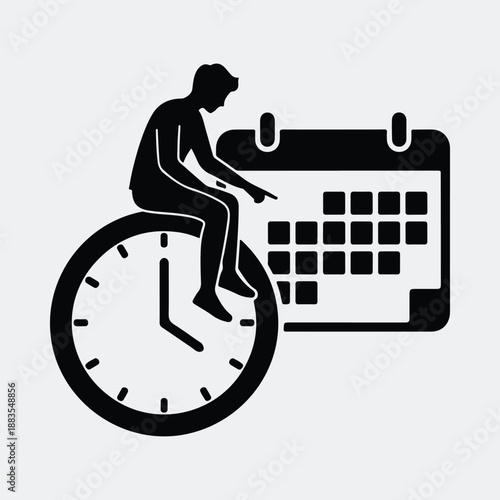 Man sitting on clock pointing at calendar time management concept silhouette vector illustration