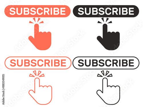 Icon inviting you subscribe to channel or page on social media network. Join blog. Influencer recommend. Hand clicking. Interface subscription button. Vector internet blog symbols set