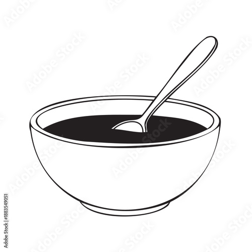 Simple line art bowl with spoon isolated on transparent background