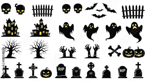 Spooky collection of black silhouette icons featuring haunted houses ghosts bats and pumpkins