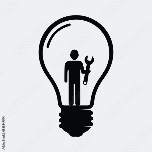 Person holding wrench inside light bulb concept silhouette vector illustration