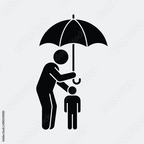 Person holding umbrella protecting small child silhouette vector illustration