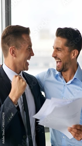 Two happy businessmen celebrate in a modern office, fist pumping and smiling while holding important documents. Their teamwork led to positive news and achievement