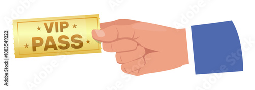 Hand holds golden VIP pass for admission to concert. Party invitation or movie theater admit ticket. Exclusive access certificate. Arm showing gold label. Luxury voucher. Vector concept