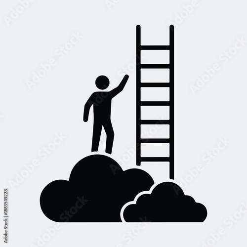 Person standing on clouds reaching for ladder silhouette vector illustration