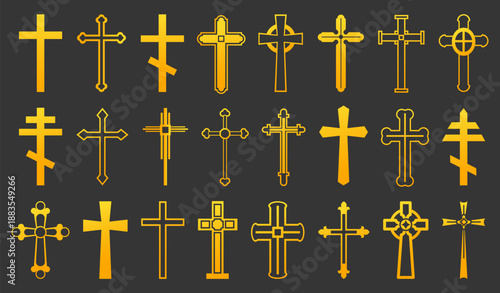 Golden crosses of Christian religion. Biblical crucifix. Line contour and silhouette gold holy signs. Christ sacred believe. Vector set of religious church symbols on dark background