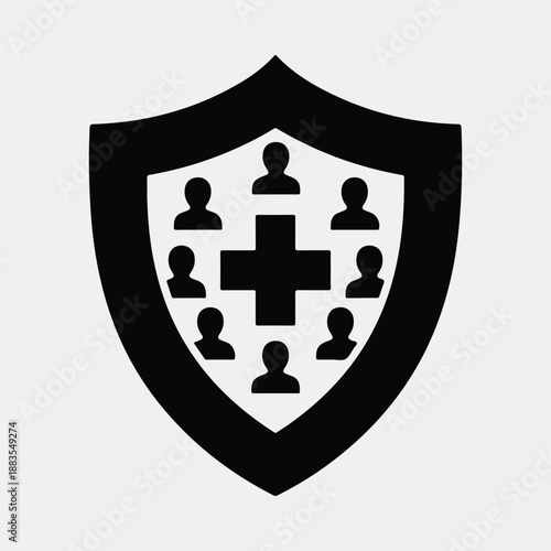 Shield with medical cross and people silhouettes symbolizing healthcare protection vector illustration