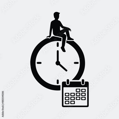 Silhouette man sitting on clock face with calendar icon timeline vector illustration