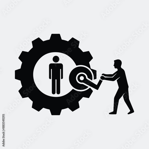 Silhouette of man operating gear mechanism with person inside abstract illustration