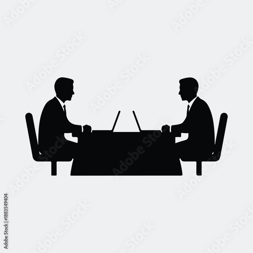 Two businessmen sitting at table with laptops working together silhouette vector illustration