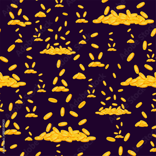 Gold coins falling from above onto pile of money. Golden rain seamless pattern. Financial success. Casino jackpot win. Precious metal cash. Repeated print of wealth. Vector background