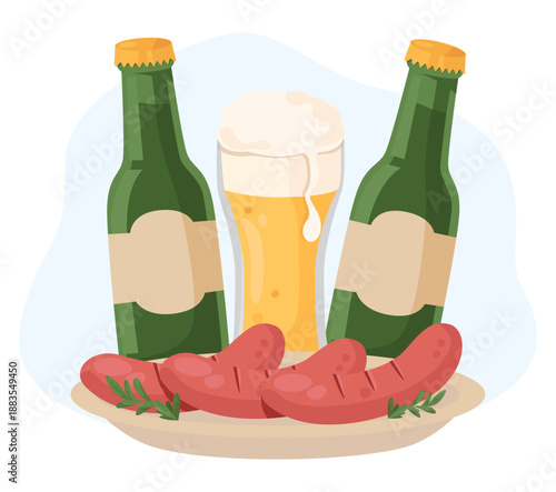 Glass of hoppy beer with fried sausages. Traditional beer snack. Meat frankfurters. Ale pint. Oktoberfest meal. Bavarian festival food. Pub alcohol drink. Foamy beverage mug. Vector concept