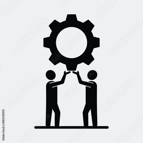 Two people working together lifting a gear as teamwork concept silhouette vector illustration