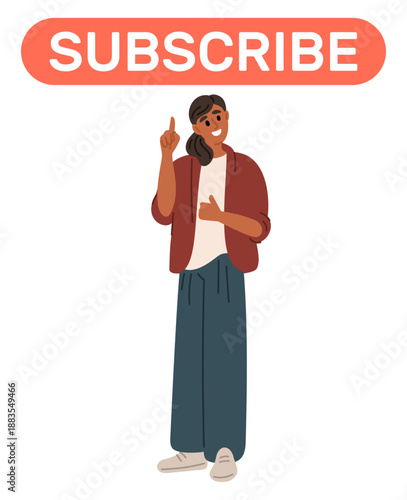 Girl points her index finger at subscribe button. Woman recommending internet channel or website. Following to influencer. Social media subscription. Join to membership. Vector concept