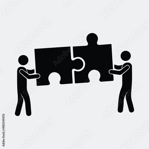 Two stick figures connect puzzle pieces teamwork collaboration concept vector illustration