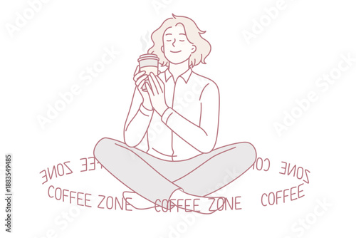 Coffee lover and zone concept. Smiling positive girl sitting holding enjoying cup of fresh brewed coffee drink in hands with lettering around vector illustration