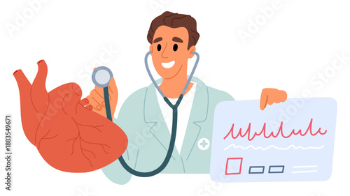 Cardiologist listening to persons heart. Doctor checking health of cardiovascular system. Heartbeat hearing with stethoscope. Pulse cardiogram. Medical cardio diagnostic. Vector concept
