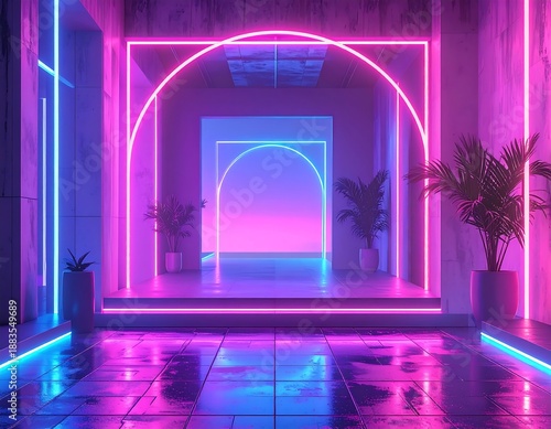 Wallpaper Mural Neon Portal - A Futuristic Hallway with Vibrant Lights and Reflections. Torontodigital.ca