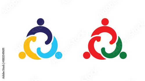 Abstract logo designs featuring three interconnected stylized figures in vibrant contrasting color schemes