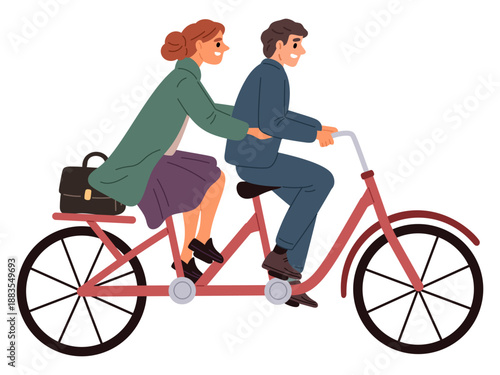 Businesswoman and businessman riding tandem bicycle to work. Couple driving together on bike. Colleagues team. Employees agreement. Leadership success. Vector concept of people teamwork