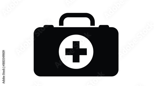 Black and white silhouette icon representing a portable medical first aid kit with a cross symbol