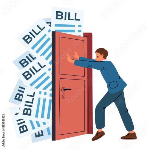 Businessman refuses to let numerous paper bills through door. Man avoid paying invoices. Many debt payment announces. Bankrupt despair. Taxes avoidance. Loan burden. Vector concept