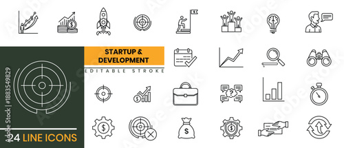 Startup and development line icons collection featuring business growth strategies and planning