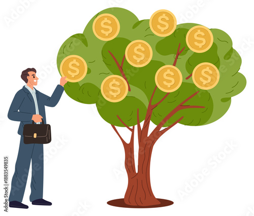 Businessman plucks gold coins from money tree. Financial income and savings growth. Successful investment. Bank deposit fund revenue. Investors wealth. Economy success. Vector concept
