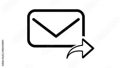 Simple black and white icon representing an email message being sent or forwarded digitally
