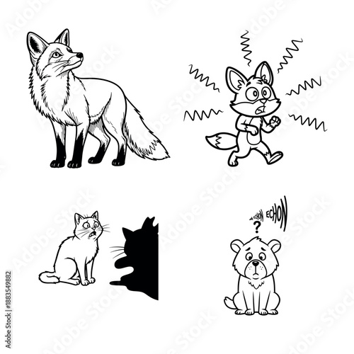 Cartoon Animals Showing Human Emotions Surprise Disgust Shock and Confusion Vector Illustration