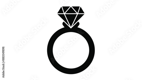 Simple black silhouette icon depicting a classic solitaire diamond engagement ring for design use