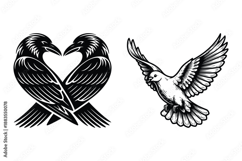 Fototapeta premium Ravens Forming Heart Shape, Dove Flying