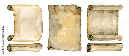 Obraz na plátně A high-quality watercolor set of antique paper elements, unrolled scrolls worn parchment sheets