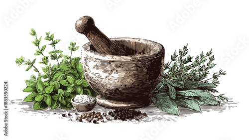 Herbal Mortar Spice Infusion Clipart Vector Art for Culinary Designs