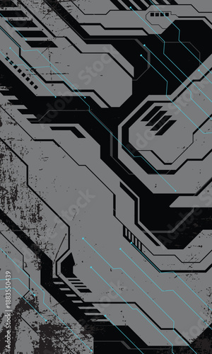 Abstract cyberpunk technology digital background with monochromatic gray and black