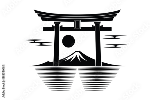 Torii Gate with Mount Fuji and Sun, Iconic Japanese Landscape