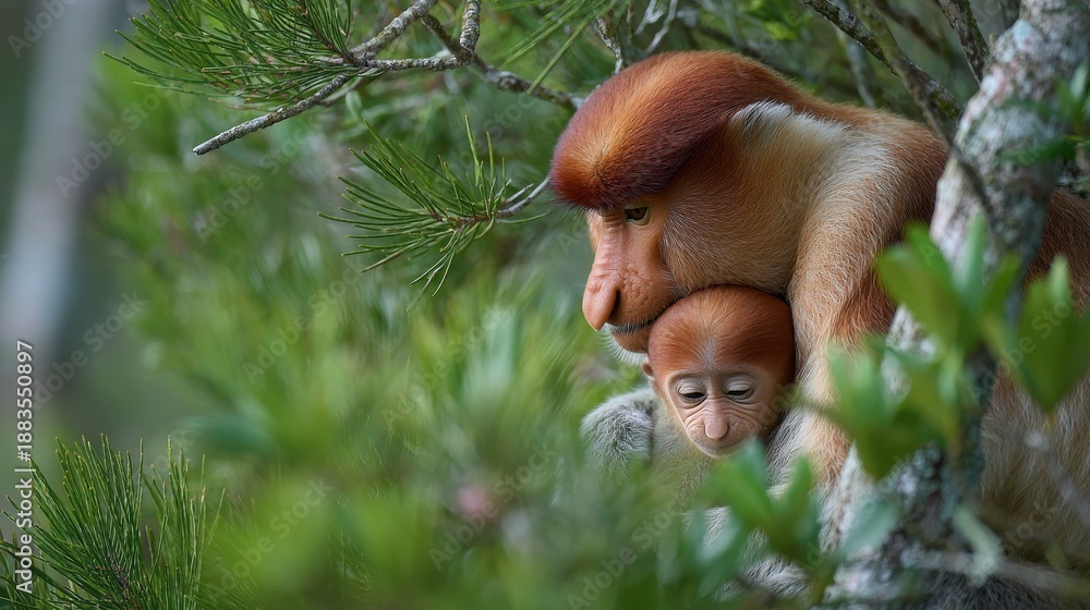 Obraz premium Proboscis monkey mother holds baby in Borneo rainforest among trees