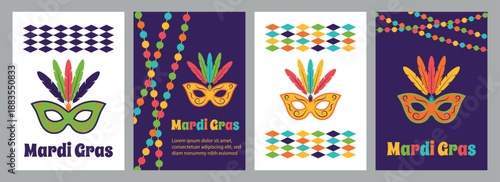 
A collection of Mardi Gras posters featuring festive masks, beads, and text. Mardi Gras posters, banners, flyers, invitations, and an advertising brochure.