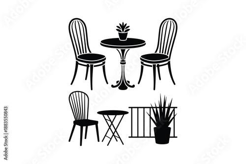 Cafe Table and Chairs, Balcony Furniture with Plants